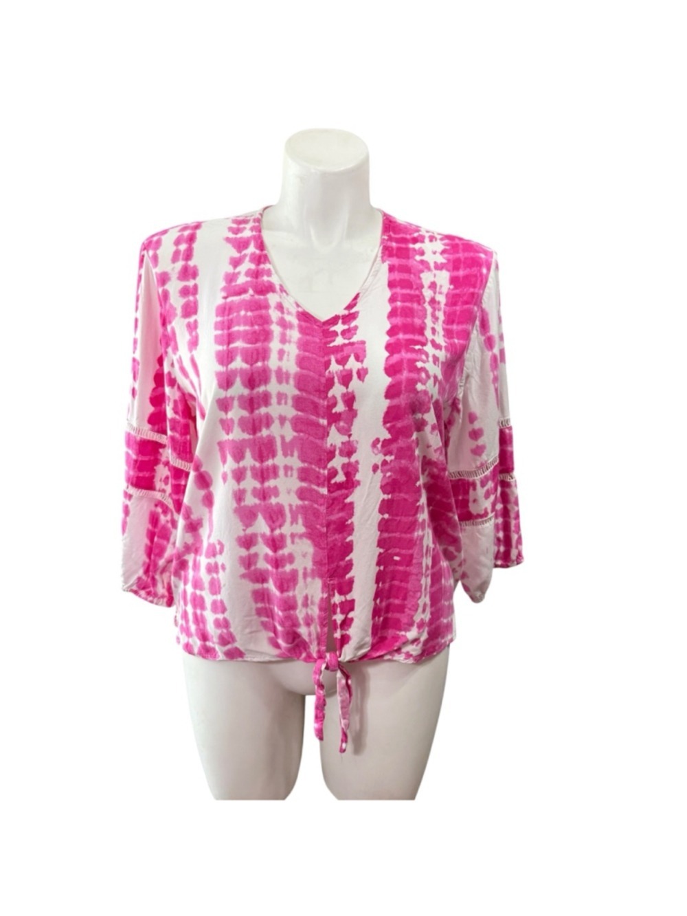 Ali Miles Pink Tie‎ Dye Blouse Large Boho V Neck 3/4 Sleeve Rayon Top